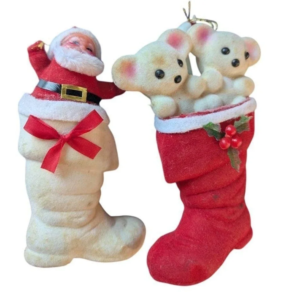 Vintage 2 Flocked Christmas Stocking Ornaments Santa Bears Holidy Decorations 5